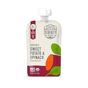 Serenity Kids 6+ Months USDA Organic Veggie Puree Baby Food Pouches | No Sugary Fruits or Added Sugar | Allergen Free | 3.5 Ounce BPA-Free Pouch | Sweet Potato & Spinach | 12 Count