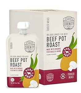 Serenity Kids Bone Broth Puree Made With Organic Veggies | Clean Label Project Purity Award Certified | 3.5 Ounce BPA-Free Pouch | Grass Fed Beef Pot Roast | 6 Count