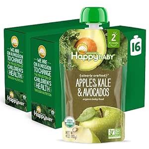 Happy Baby Organics Stage 2 Baby Food Pouches, Gluten Free, Vegan & Healthy Snack, Clearly Crafted Fruit & Veggie Puree, Apples, Kale & Avocados, 4 Ounces (Pack of 16)