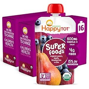 HAPPYTOT Organics Super Foods Stage 4, Pears, Blueberries & Beets + Super Chia, 4.22 Ounce Pouch (Pack of 16) packaging may vary