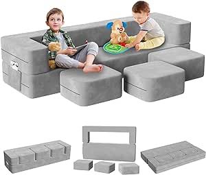 MOOITZ Kids Couch, Extra Large Toddler Couch with 3 Ottomans, 5 in 1 Modular Kids Couch for Playroom Bedroom, Fold Out Kids Sofa for Toddler and Baby, Play Couch Sofa for Kids