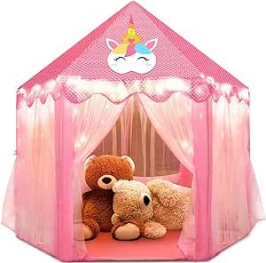 Hollyhi Princess Tent for Girls, Kids Play Tent with Star Lights, Girl Toys Kids Tent Indoor or Outdoor Playhouse Toys for Girls 3 4 5 6 7 8 9 10 Year Old, 55" x 53" Castle Gifts for Kids Toddlers