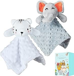 Cute Castle Security Blanket Baby Gifts Box - Soft Unisex Newborn Essentials for Boys and Girls - Neutral Baby Stuff Snuggle Cloths - Baby Registry Search Shower Gifts (White Tiger & Grey Elephant)